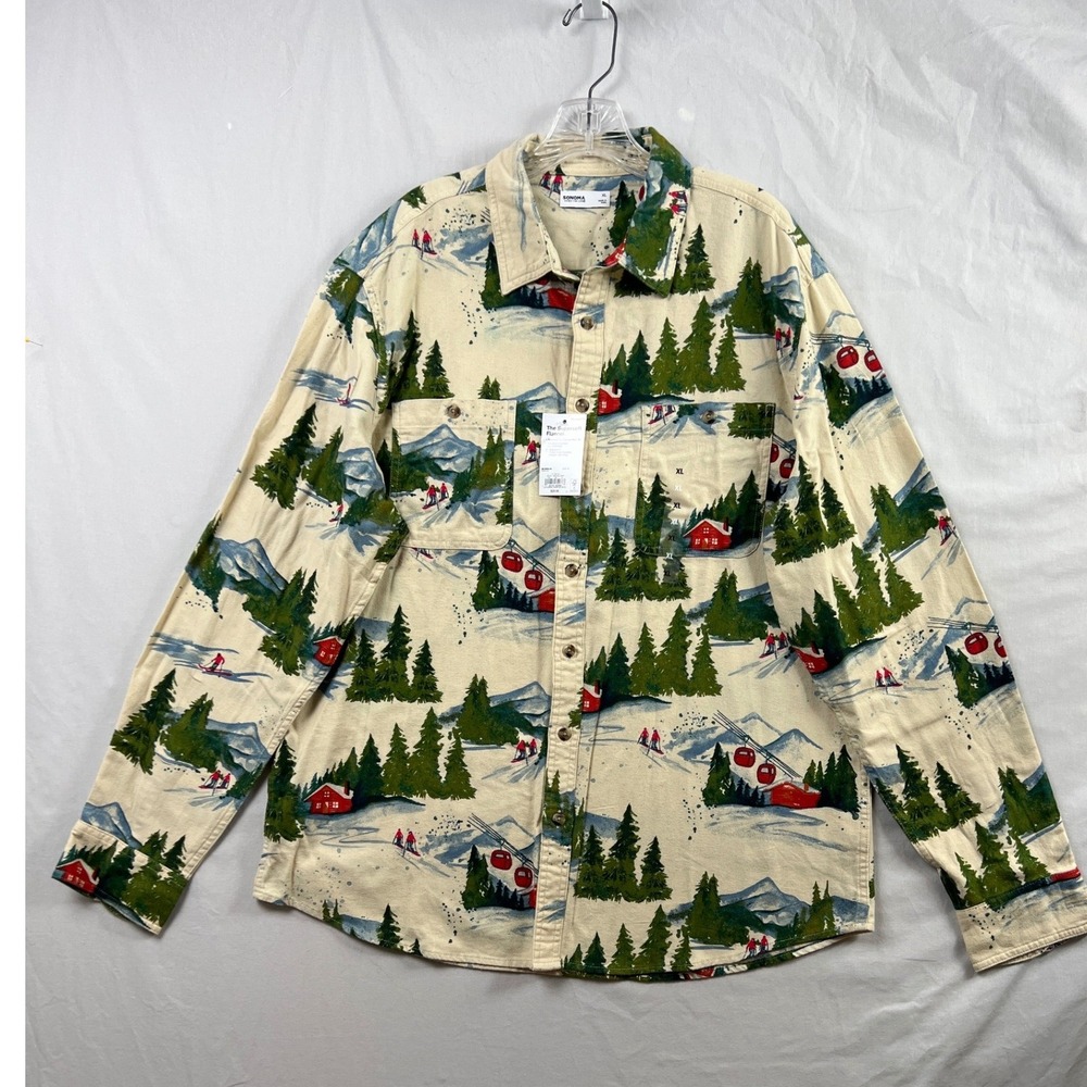 Sonoma Flannel Shirt Mens XL Cream Ski Resort Print Supersoft Cotton New